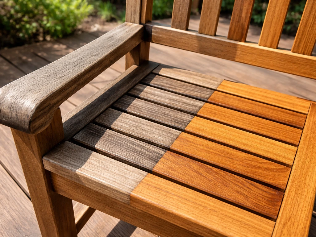 Sunlit teak patio furniture close-up showing weathered grain beside freshly oiled golden wood
