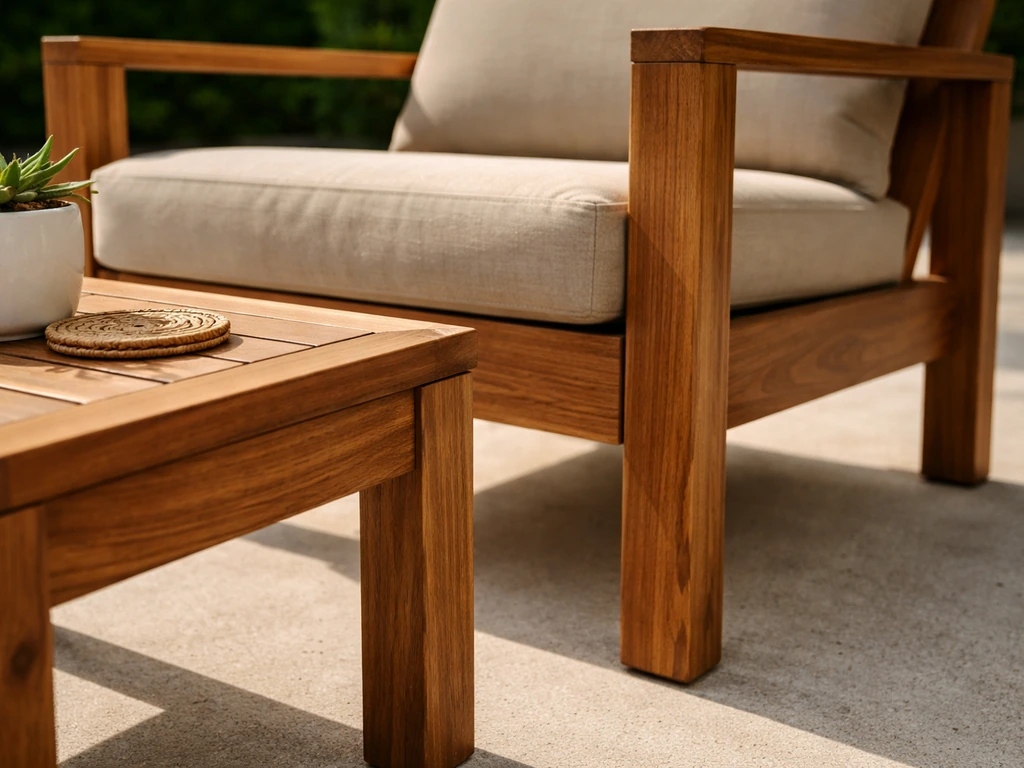 Close view of an acacia outdoor patio chair and tabletop showing rich wood grain and end-grain texture.