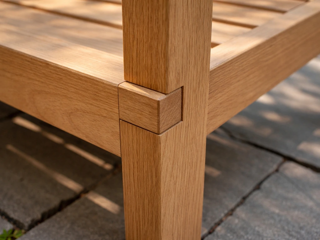 Close-up of mortise-and-tenon joinery on a wooden patio chair, showing clean interlocking joints.