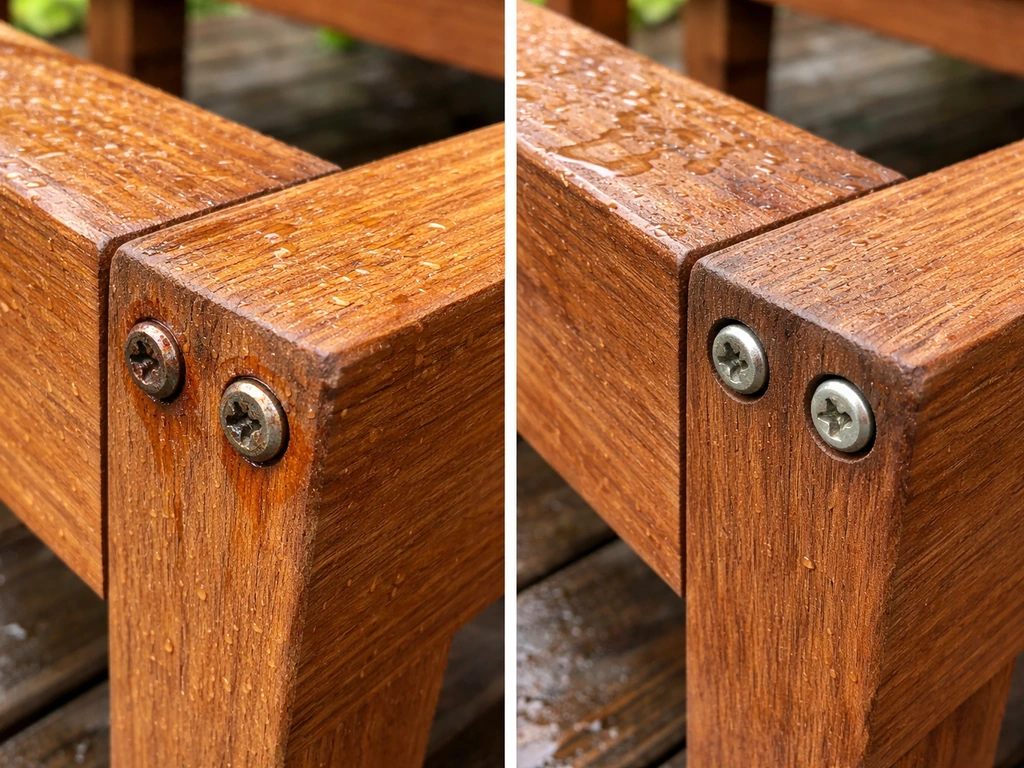 Close-up of outdoor wood fasteners showing orange rust on steel vs clean coated/stainless screws.