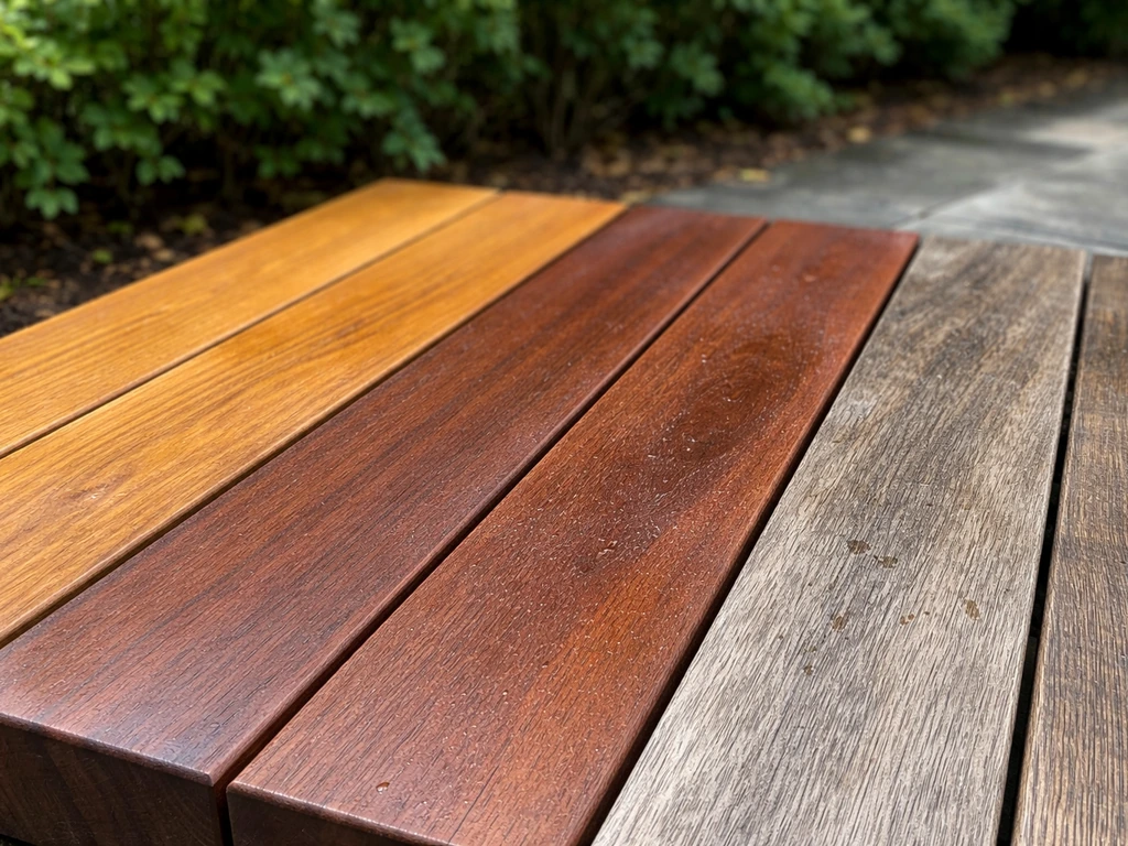 Close-up of weathered patio wood planks outdoors showing grain and natural aging