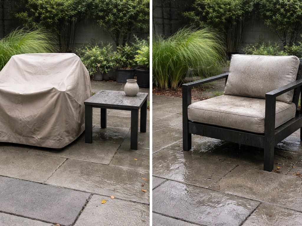 Patio furniture outdoors: one side covered with a tarp, the other uncovered with damp cushions and soiling.