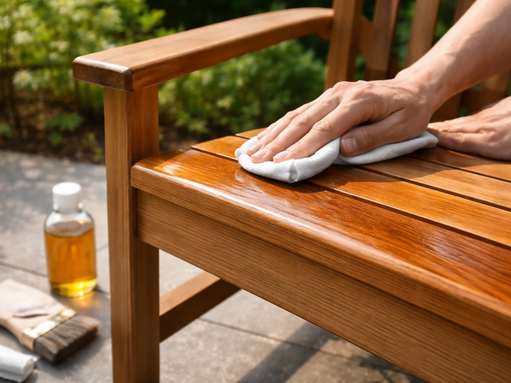 Close-up of hands applying teak oil to a wooden patio chair with a cloth, bottle nearby.