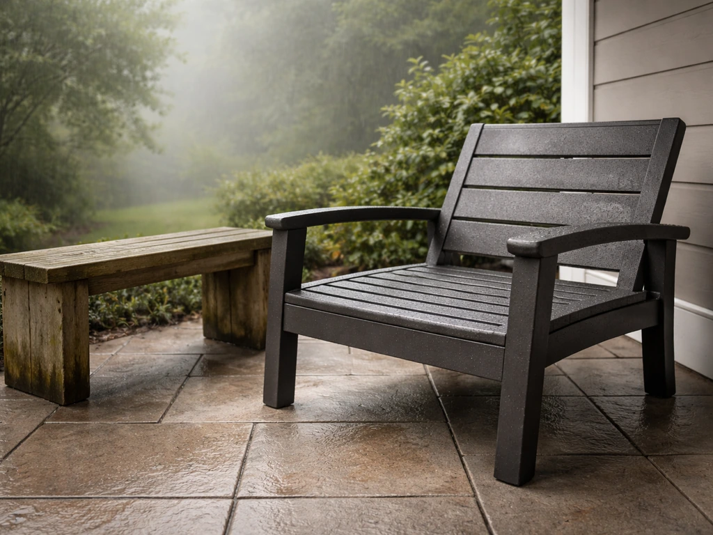 Minimal patio scene showing clean HDPE/composite furniture in humid conditions beside natural wood with mildew.