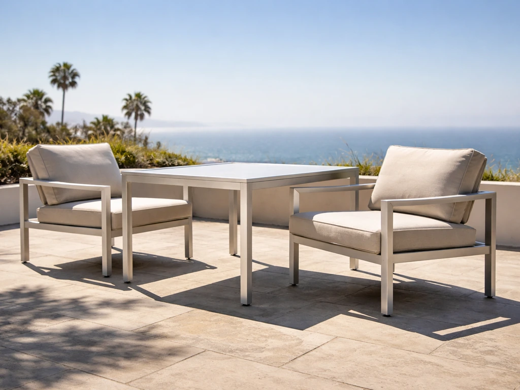 Powder-coated aluminum patio dining set on a sunlit Los Angeles terrace with bright sky and coastal glow