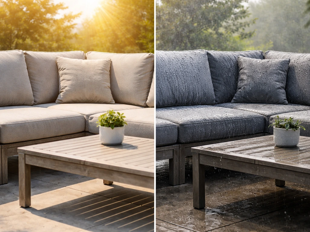 Split view of patio furniture: left in harsh UV sun glare, right after winter rain with water spots.