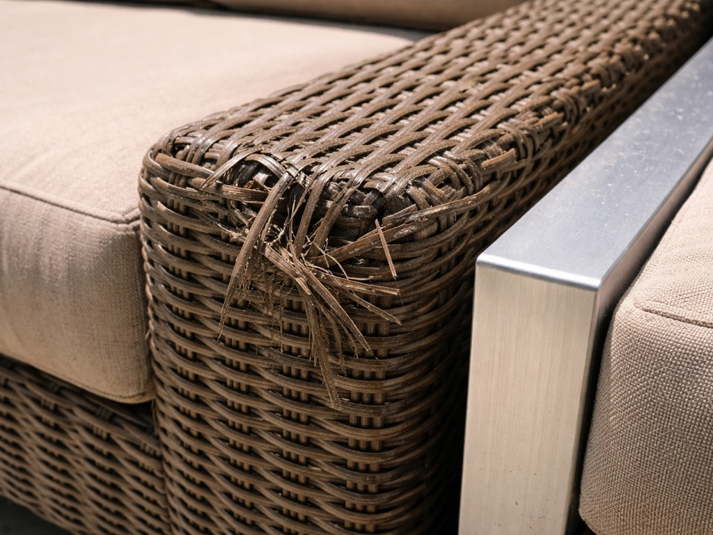 Worn resin wicker (HDPE) with cracked unraveling weave beside a well-maintained aluminum patio frame