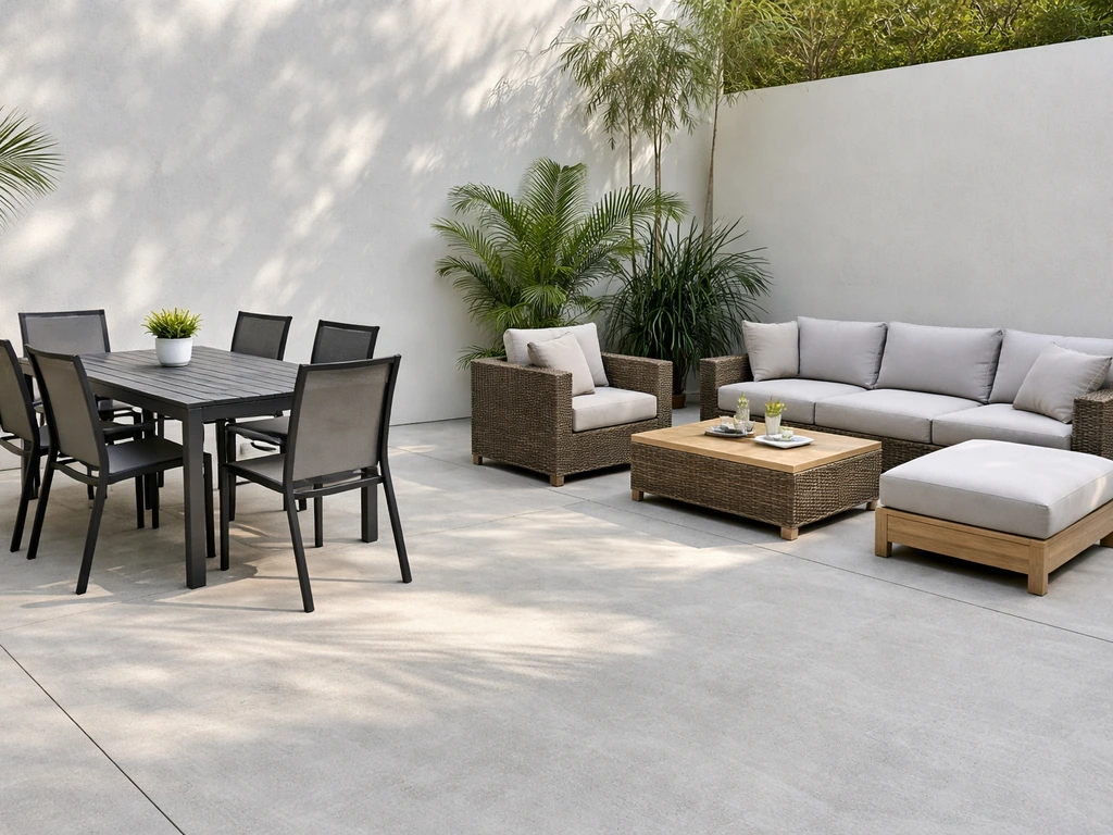 Backyard patio with three minimal furniture groupings showing dining, conversation, and lounging materials.