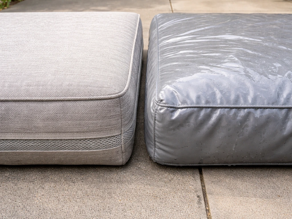 Two outdoor cushions side-by-side: breathable fabric cover looks dry, plastic zip cover looks damp.
