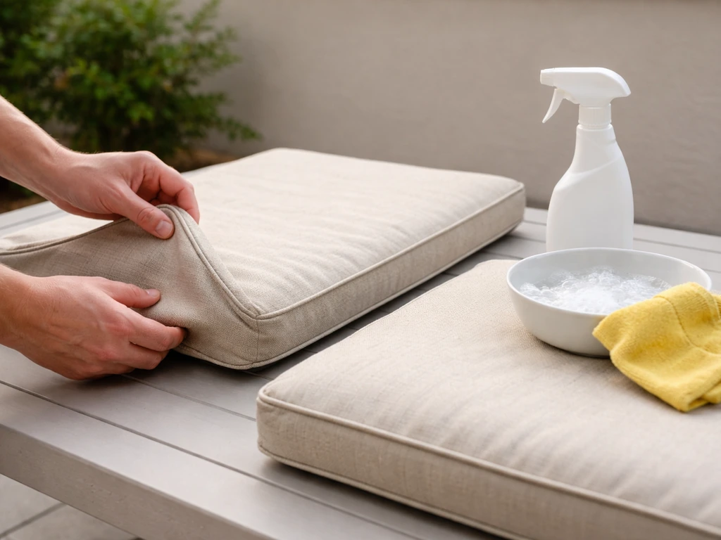 Patio cushions laid out on a clean outdoor table while cleaning supplies sit ready nearby