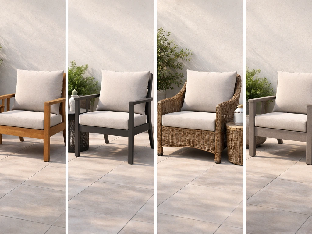 Side-by-side patio chairs made of wood, powder-coated metal, wicker, and composite on a quiet outdoor patio.