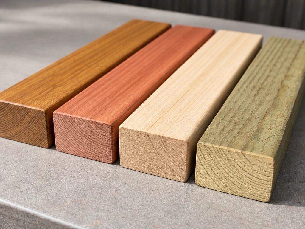 Close-up of four wood samples—teak, cedar, eucalyptus, and pressure-treated—showing grain and end-cut surfaces.