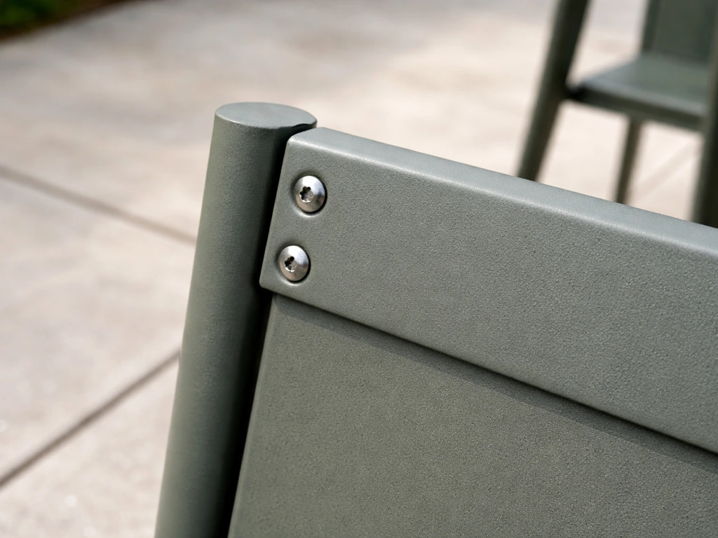 Close-up of powder-coated steel patio furniture surface and hardware showing rust-resistant finish.