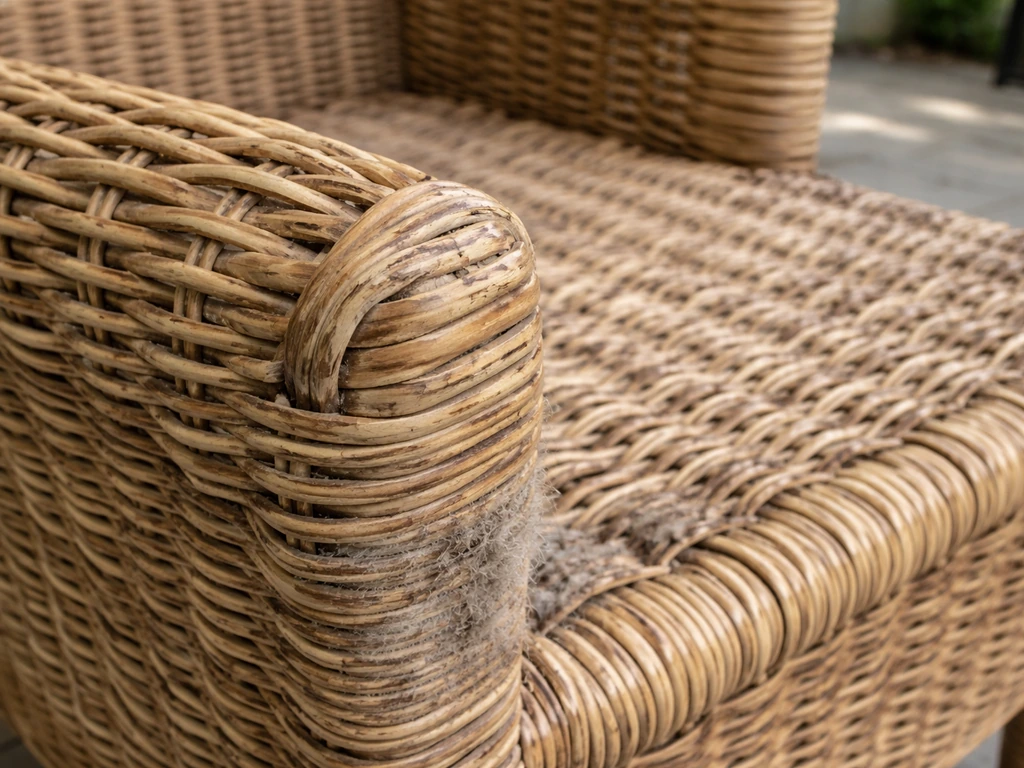 Damaged natural wicker on a covered patio with subtle mold-like spotting and small UV cracks.