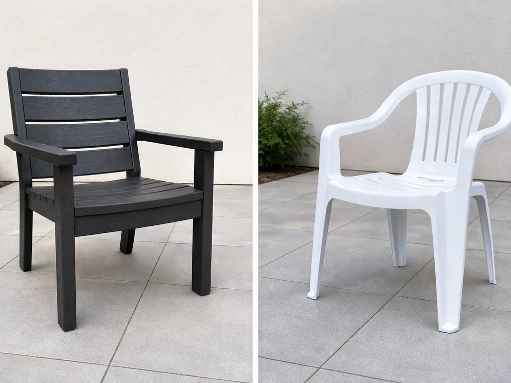 Side-by-side view of a sturdy HDPE/composite slatted chair and a lighter injection-molded plastic patio chair.