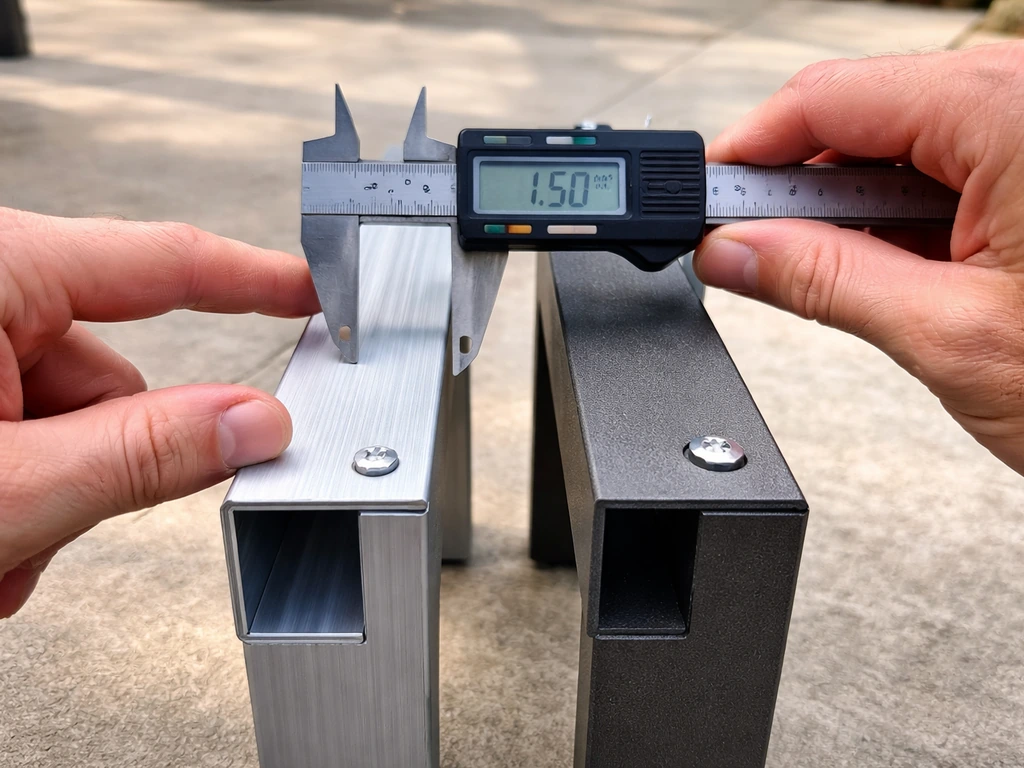 Hands using calipers to inspect patio chair frame thickness and fastener/finish quality on two materials.