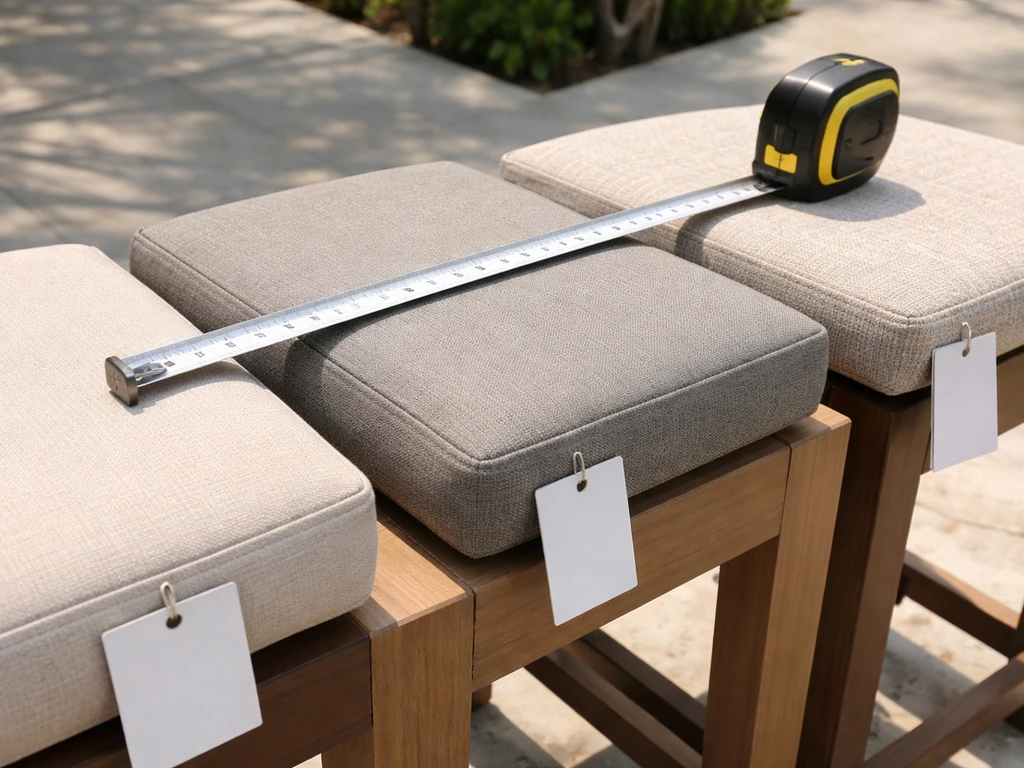 Close-up of a measuring tape beside outdoor furniture height categories on a table
