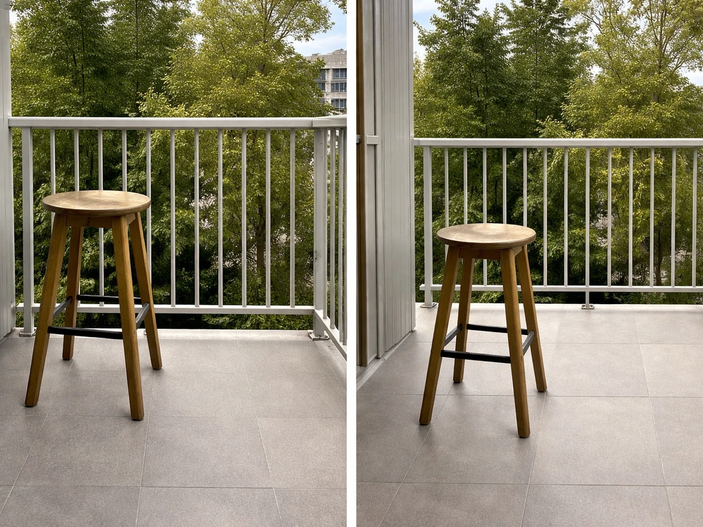 Two side-by-side balcony scenes: unsafe bar stool too near railing vs safe spacing away from the barrier.