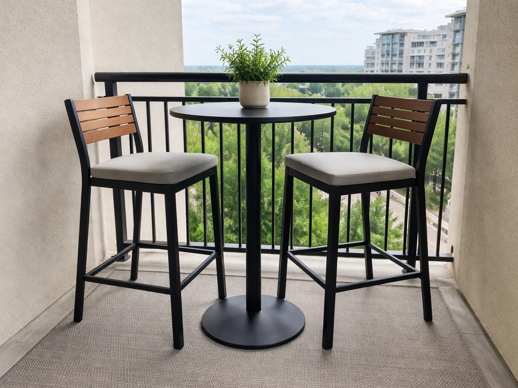 Small round bistro table with two counter-height chairs on a compact apartment balcony.