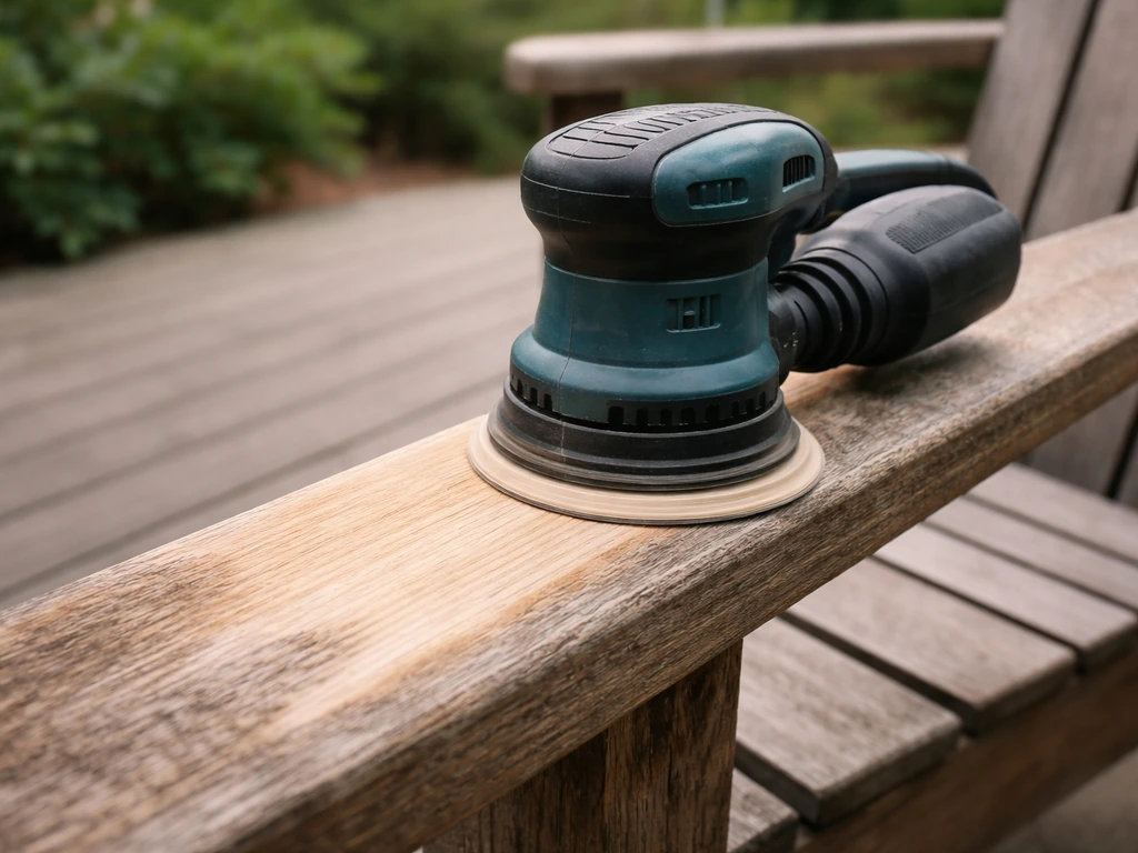 Random orbital sander sanding a patio chair arm outdoors, showing clean wood grain with minimal dust.