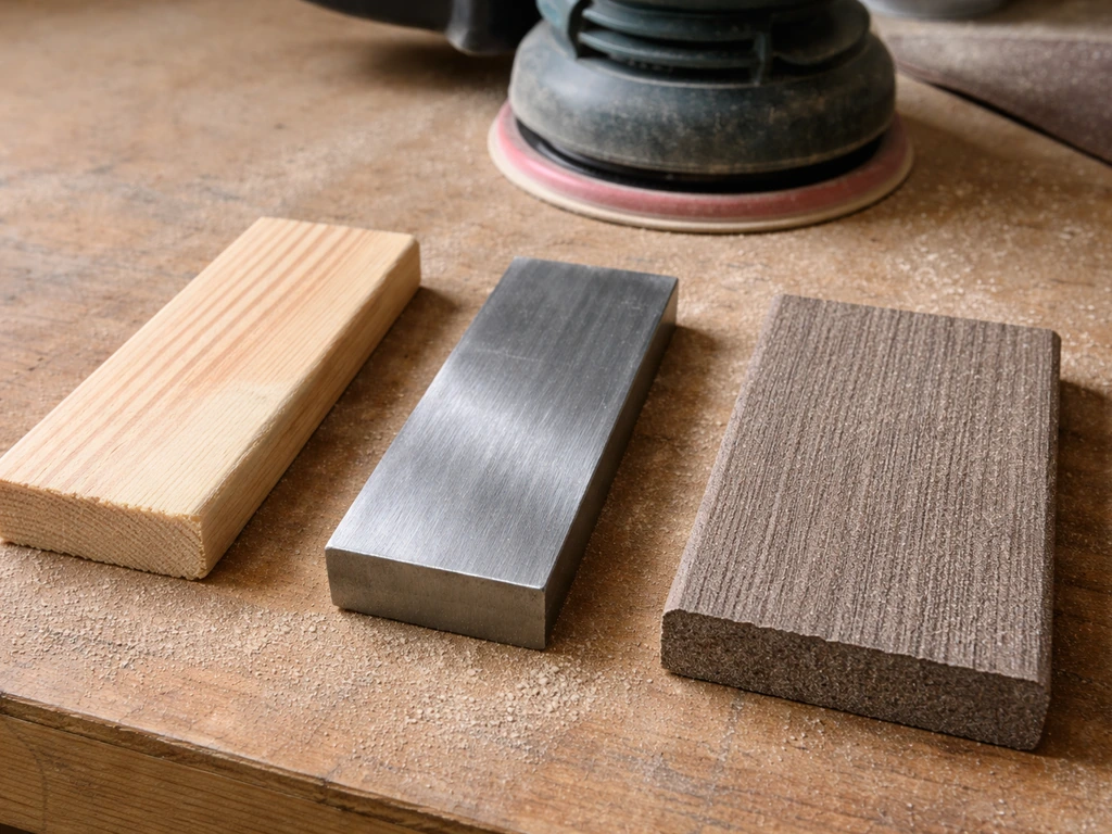 Close-up sanding tests on wood, metal, and composite samples with visible surface differences.