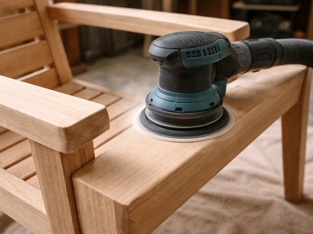 5-inch random orbital sander sanding a patio chair arm with fine dust in a clean, minimal workshop scene