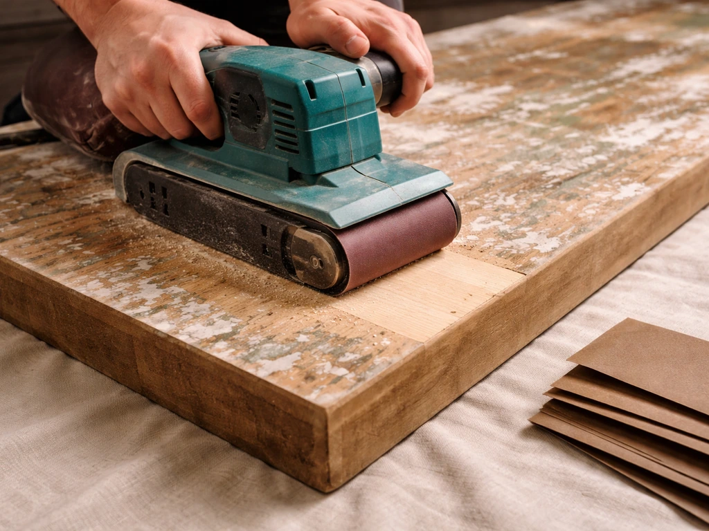 Close-up belt sander lightly removing paint from a thick wooden tabletop, showing controlled contact area.