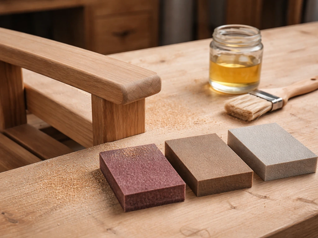 Bare wood patio furniture armrest ready for refinishing with sanding pads and a small oil jar nearby.