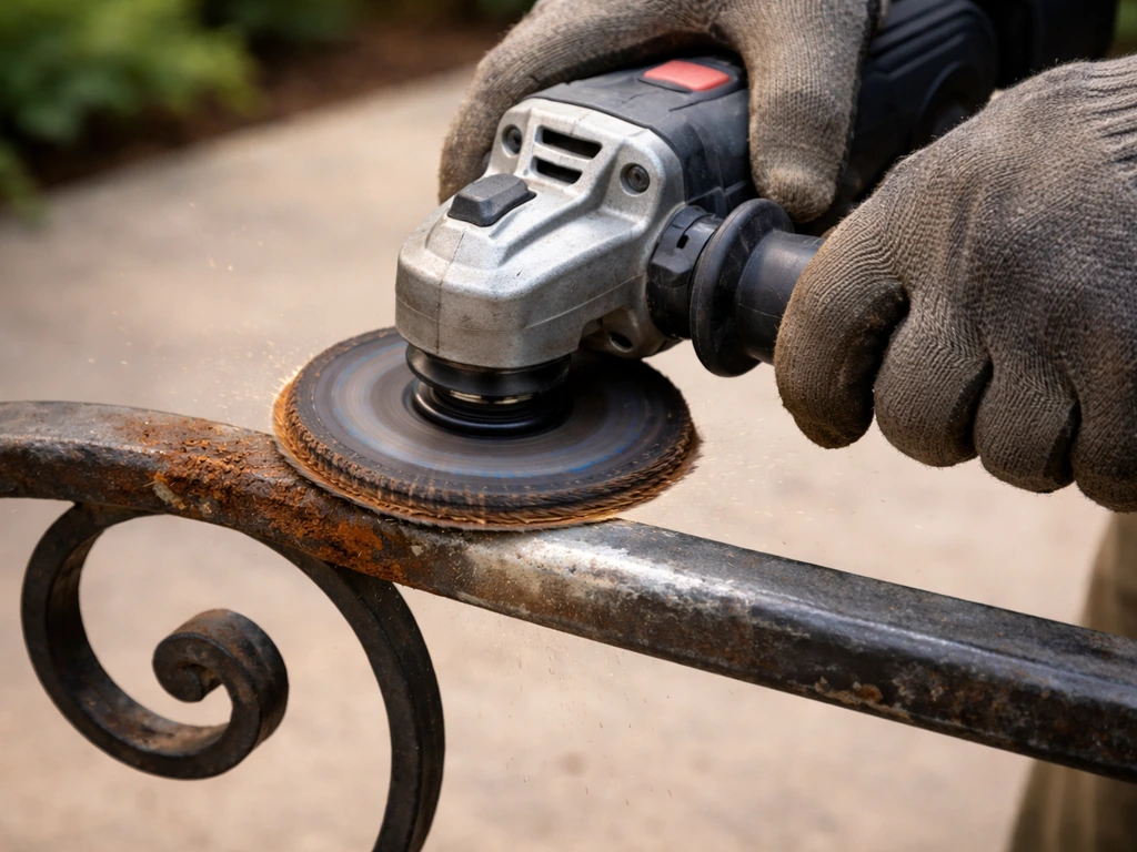 Gloved hands using an angle grinder with a flap disc to knock rust off a wrought-iron patio chair.