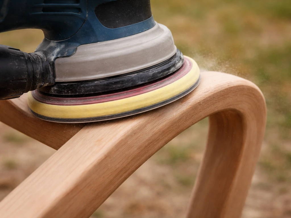 Close-up of an orbital sander sanding a curved chair leg with a foam pad under the disc.