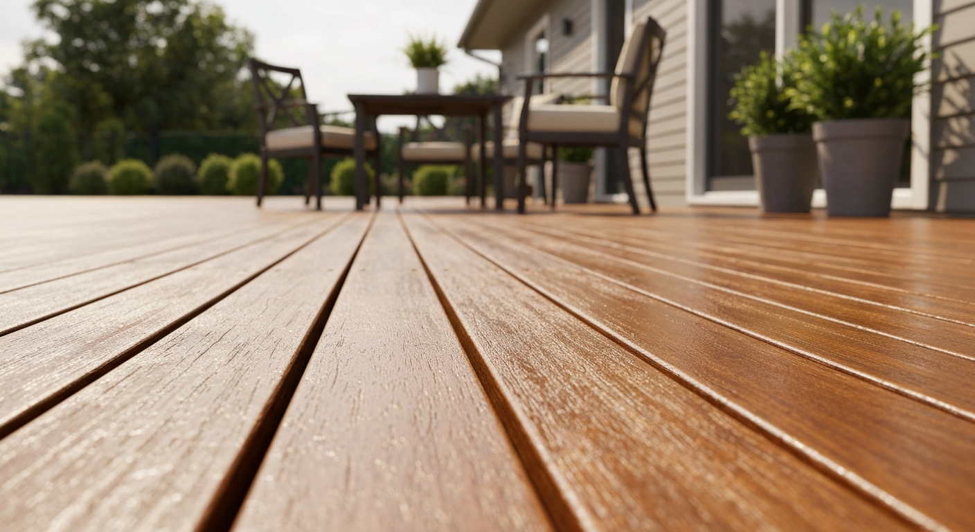 Angled photorealistic view of a stained wooden patio deck showing close-up wood grain with a semi-transparent finish.