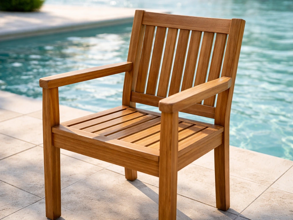 Solid teak outdoor chair near a pool, showing rich wood grain and joinery in natural light.