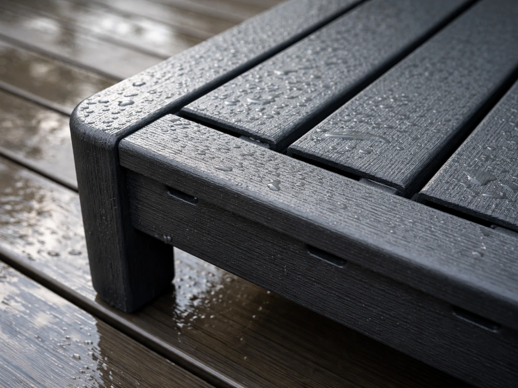 Close-up of a molded recycled HDPE poly lumber chair on a wet deck, showing drainage-friendly texture.