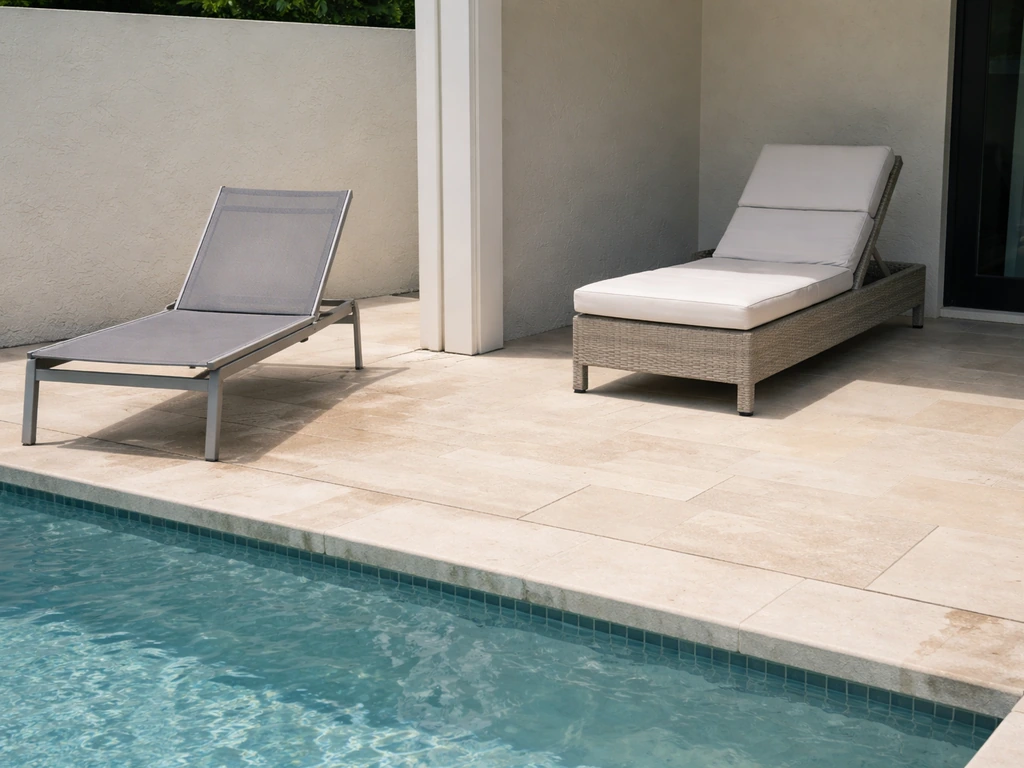 Poolside lounge chairs showing splash-zone seating vs farther back protected seating.