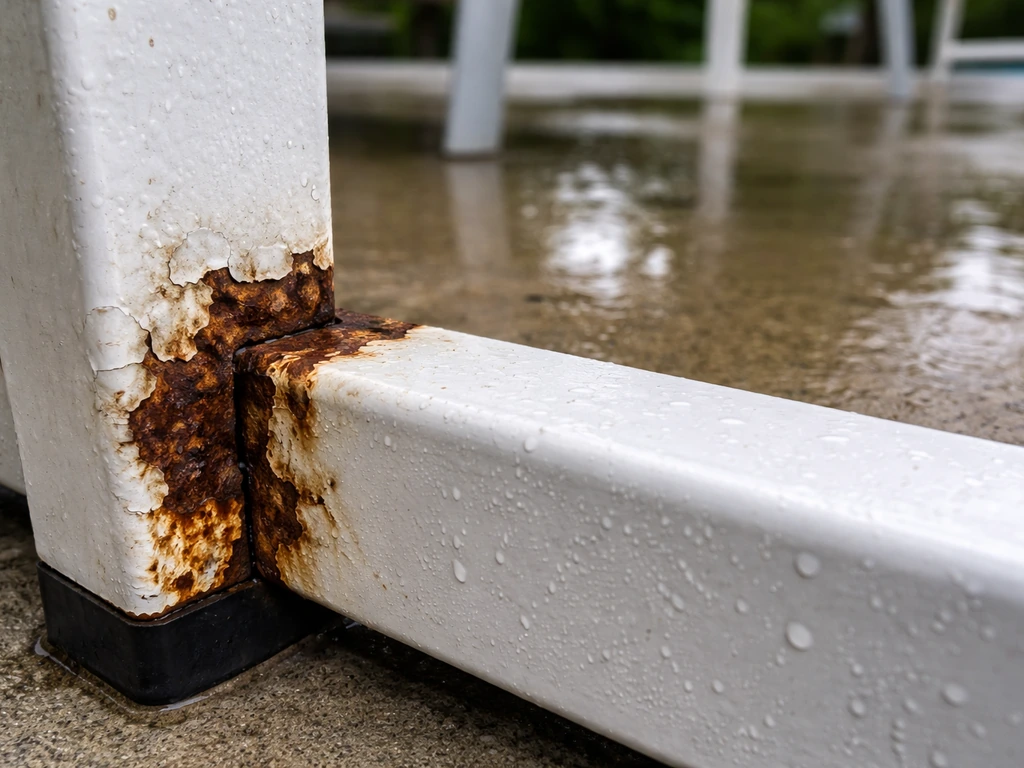 Rusty peeling painted steel near a smooth intact powder-coated aluminum surface by a pool.