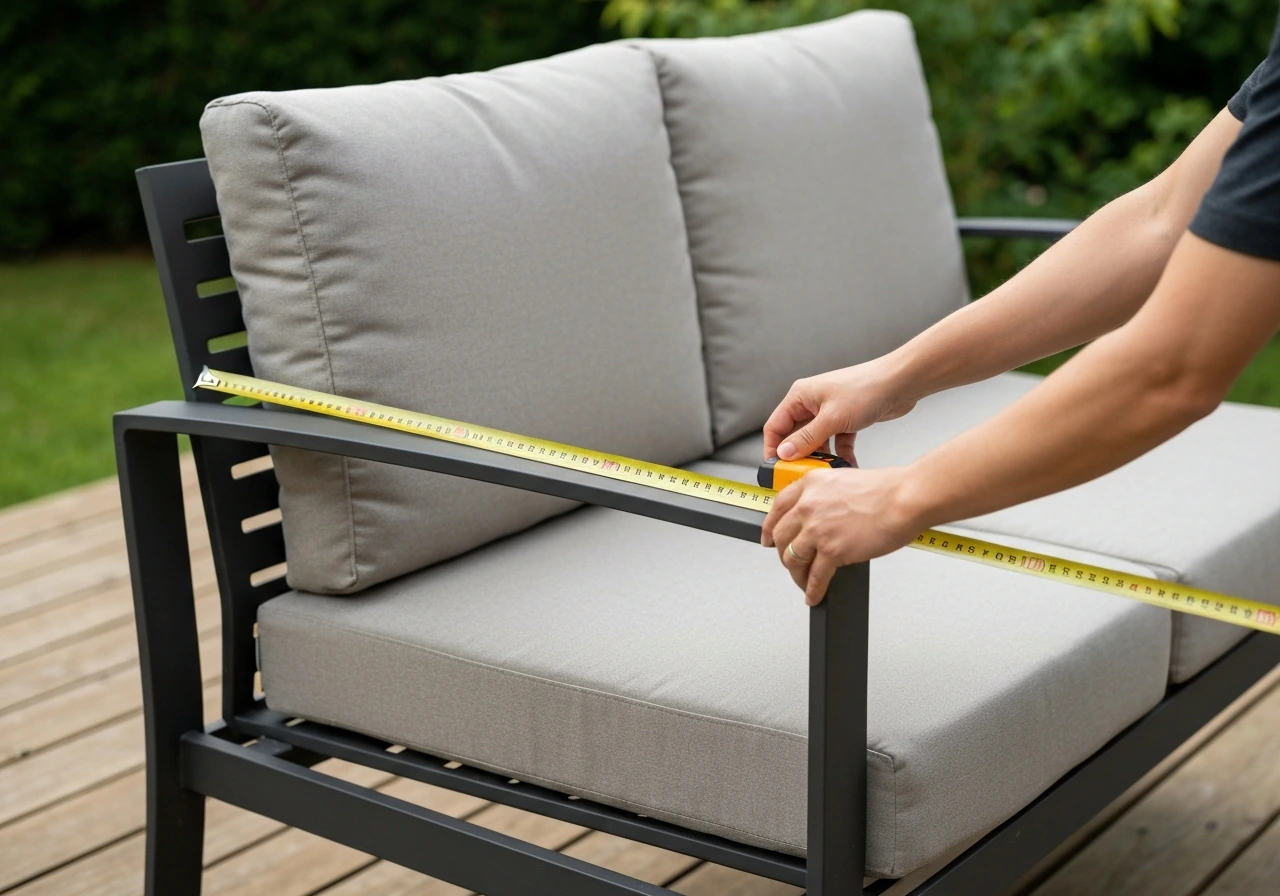 Close-up of hands measuring outdoor patio loveseat width with a tape measure across the widest point.