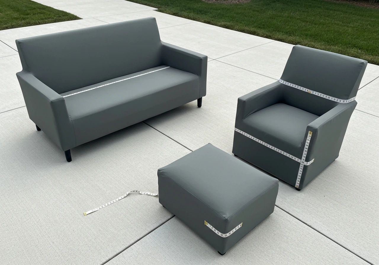 Patio chair and sofa with snug fitted covers versus a slightly too-small cover, tape near edges for fit comparison