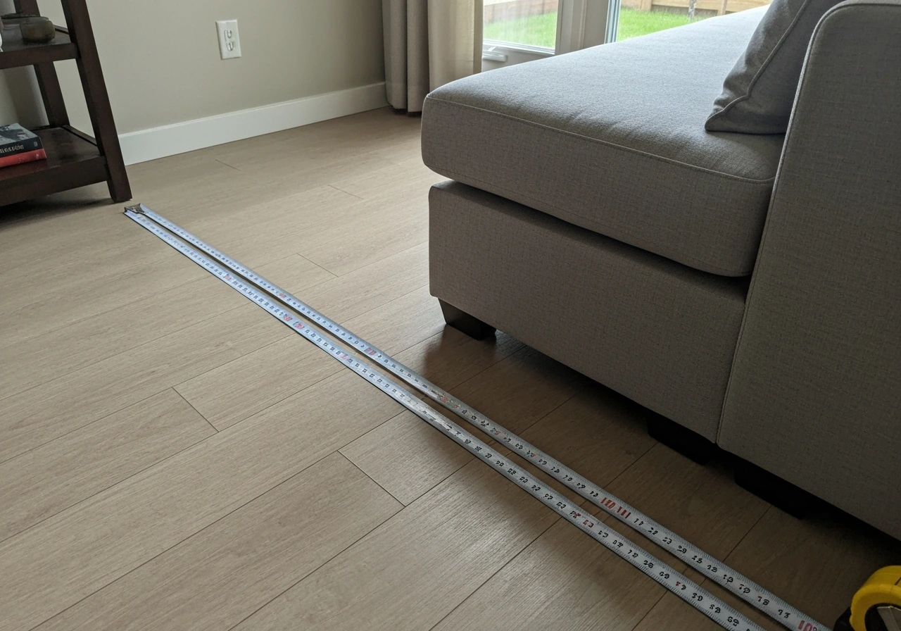 Two measuring tapes on the floor showing longest and shortest arms of an L-shaped sectional footprint.