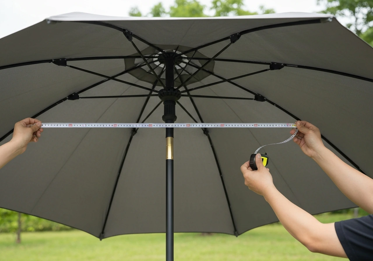 Person measuring an open freestanding umbrella canopy edge-to-edge with a tape measure