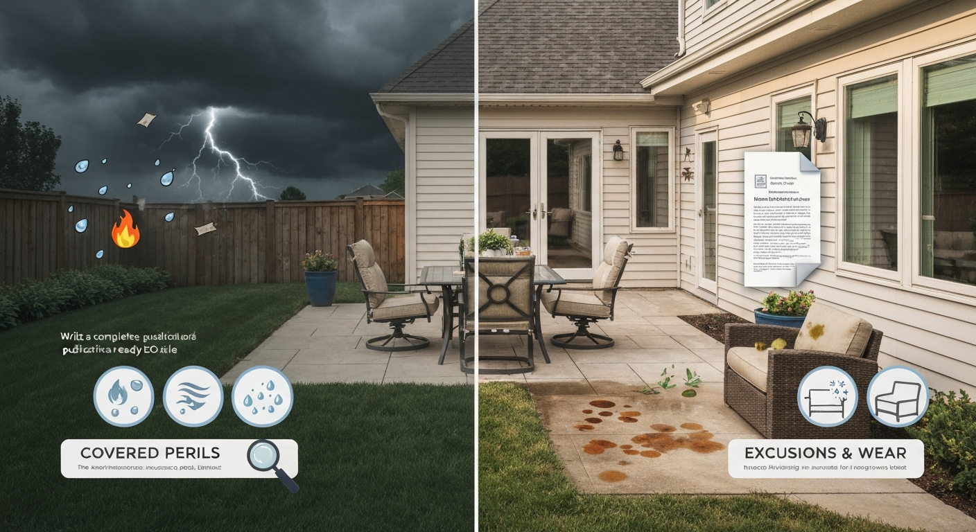 Photorealistic split-scene patio: covered perils (storm, hail, fire icons) on one side and excluded damage (flooded, rusted, faded cushions) on the other, plus a homeowners policy inset.