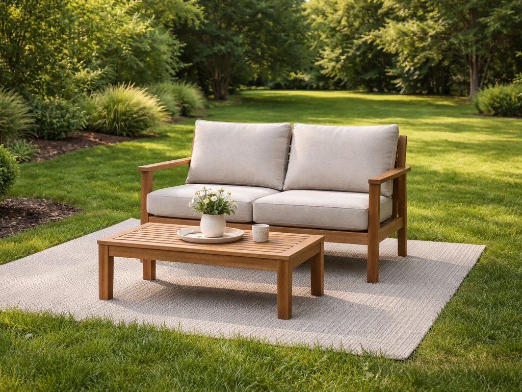 Backyard patio furniture placed beside green grass, showing a stable grass-adjacent setup.