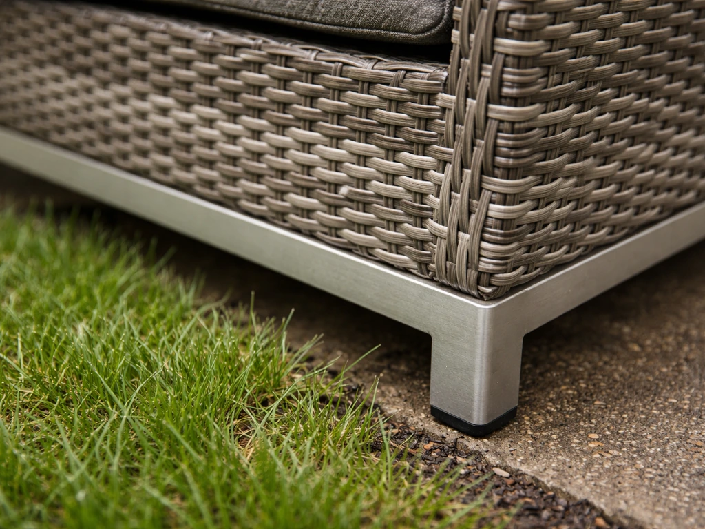 Close-up of an outdoor resin wicker chair corner with visible aluminum frame in grass-adjacent yard