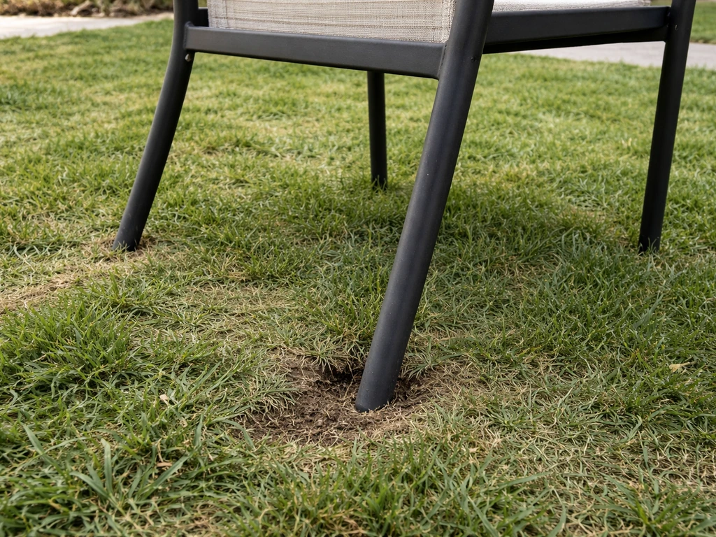 Outdoor chair on uneven grass where one leg sinks and wobbles on soft lawn.