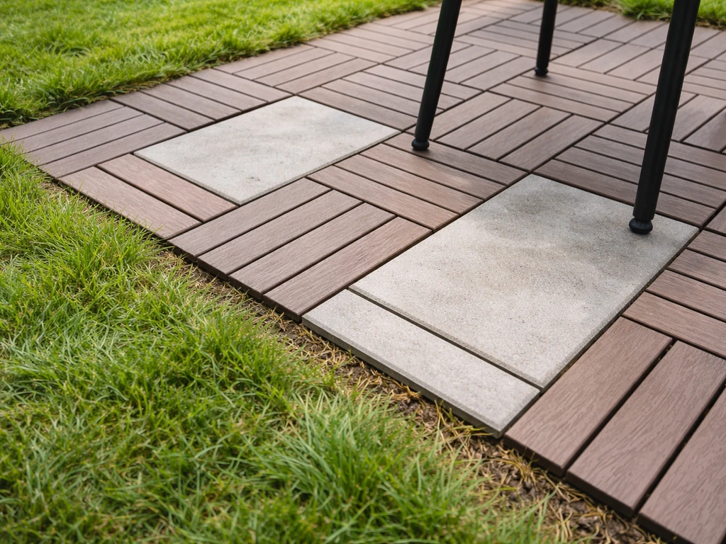 Interlocking deck tiles and concrete pavers set over short grass to create a stable base for outdoor furniture.