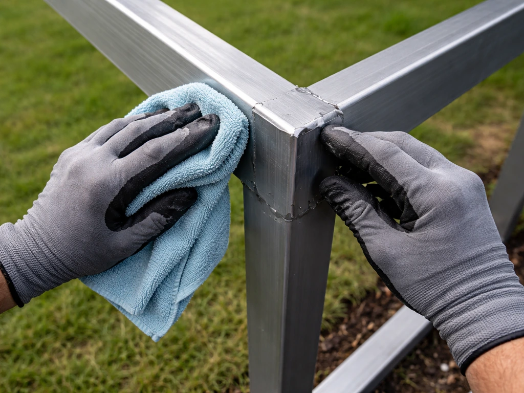 Hand wiping an outdoor aluminum frame near grass, inspecting joints for chipped coating.