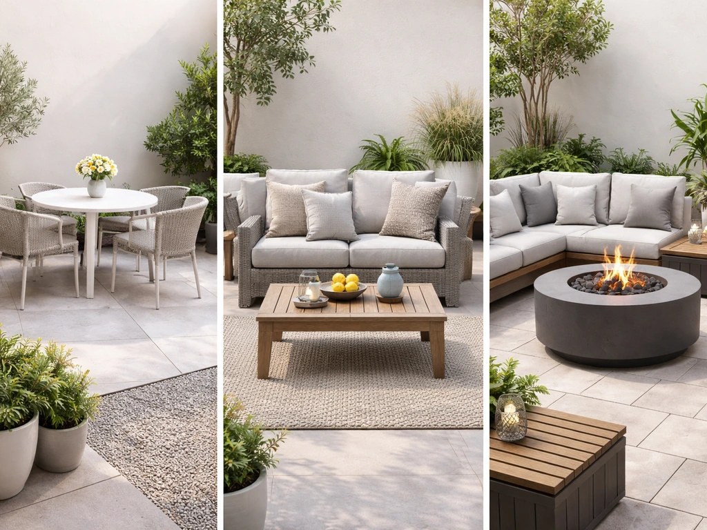Three minimal outdoor patio furniture setups showing dining, lounge, and mixed materials in one frame.