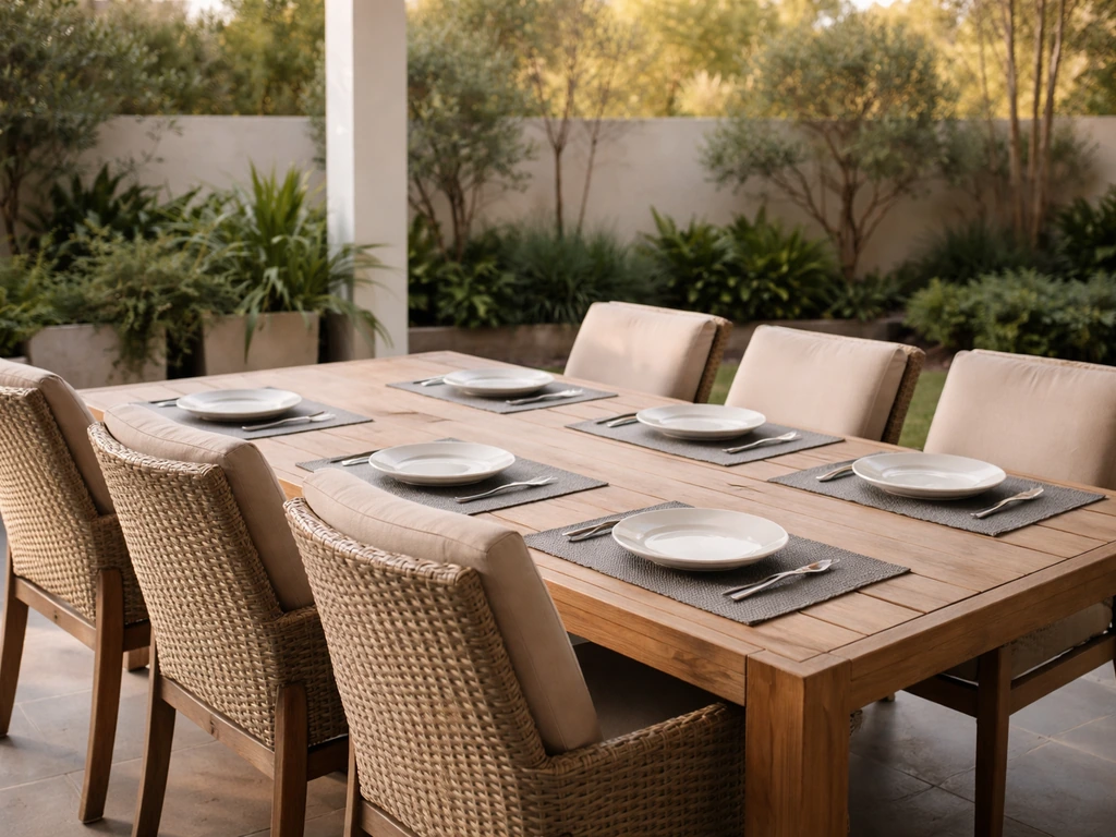 Outdoor patio dining table with matching chairs arranged for a typical meal, no people.