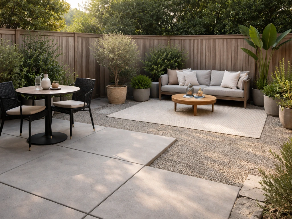 Minimal patio with outdoor rug separating dining and lounge seating zones on different surfaces.