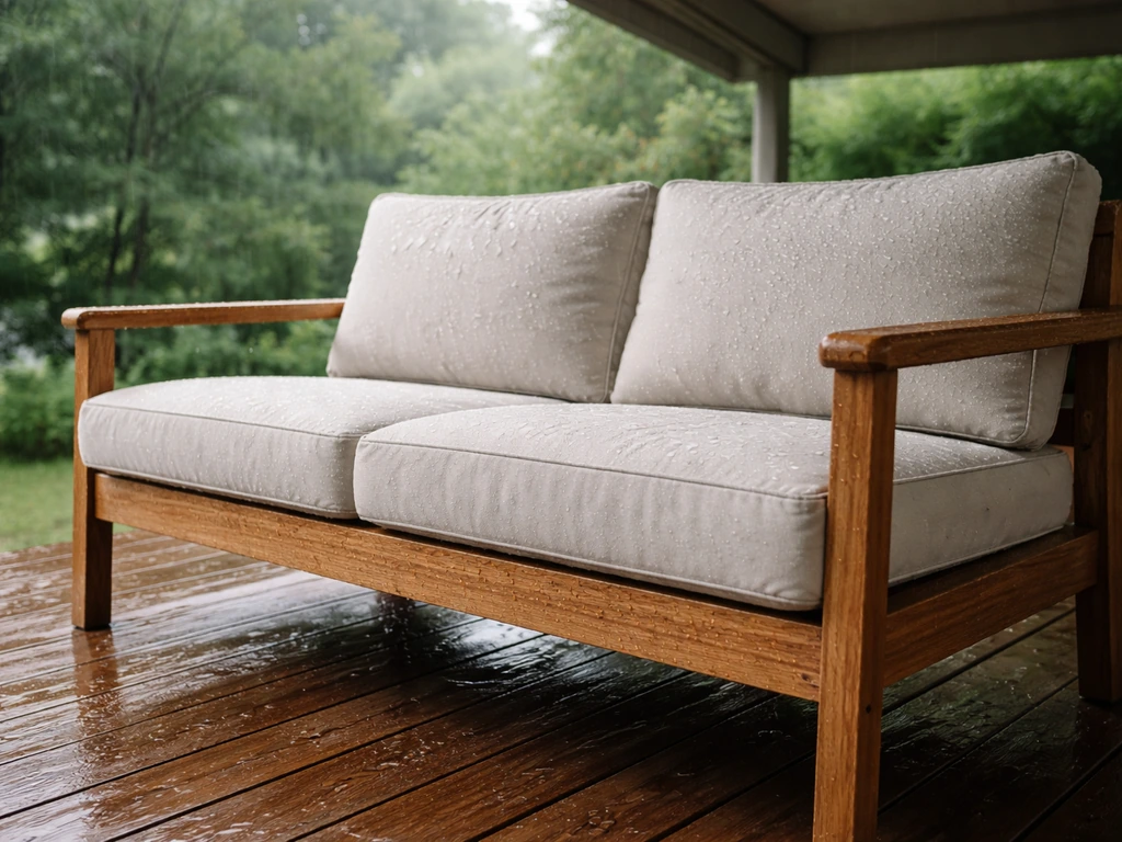 Teak outdoor bench under a shaded patio awning with wet raindrops beading on the wood and cushions.
