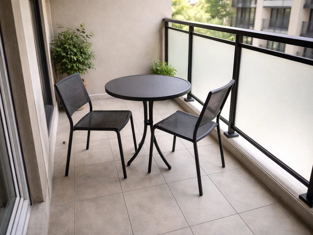 Small balcony with a round 26-inch bistro table and two stackable chairs, leaving clear walkway space.